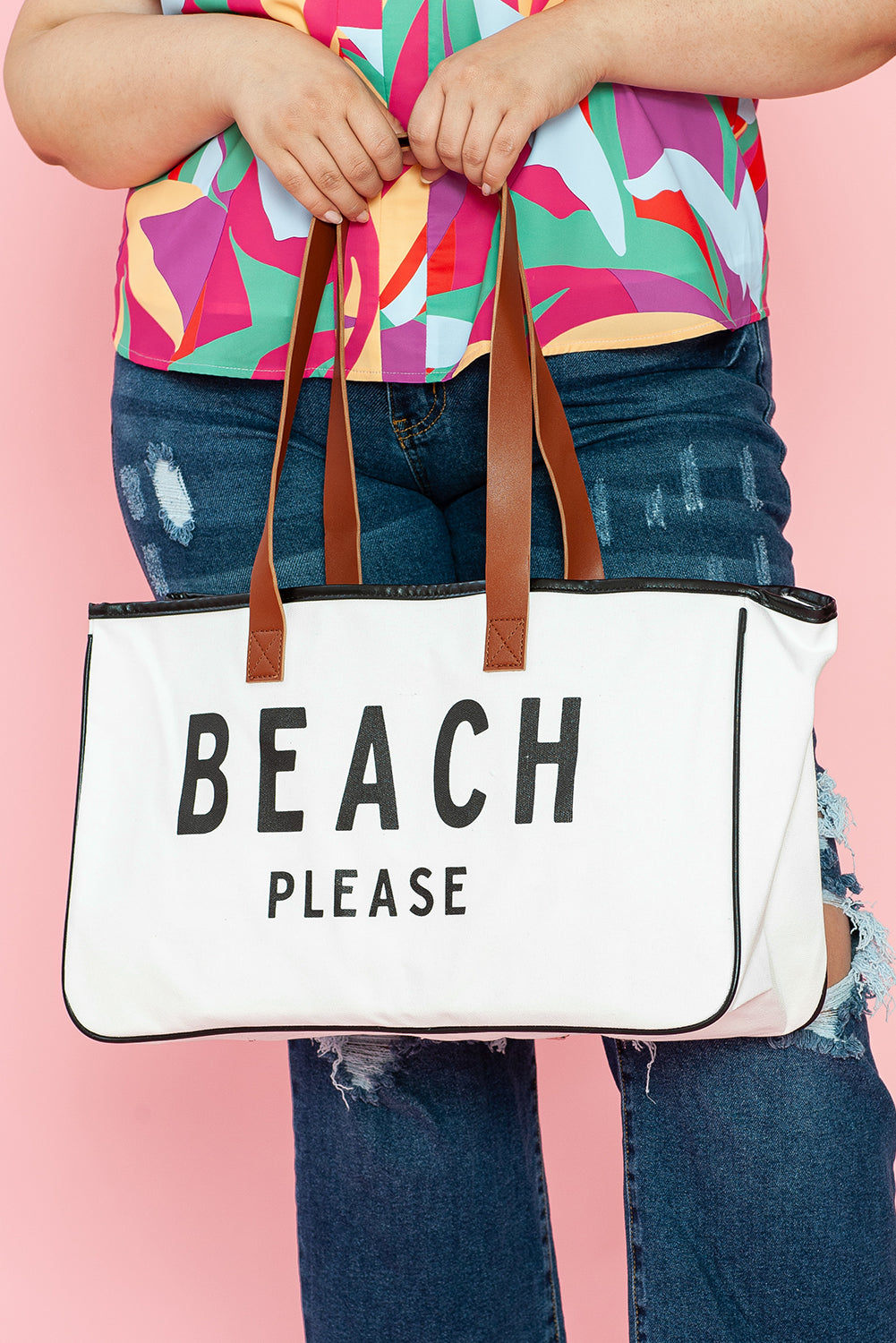 White BEACH PLEASE Large Canvas Tote Bag