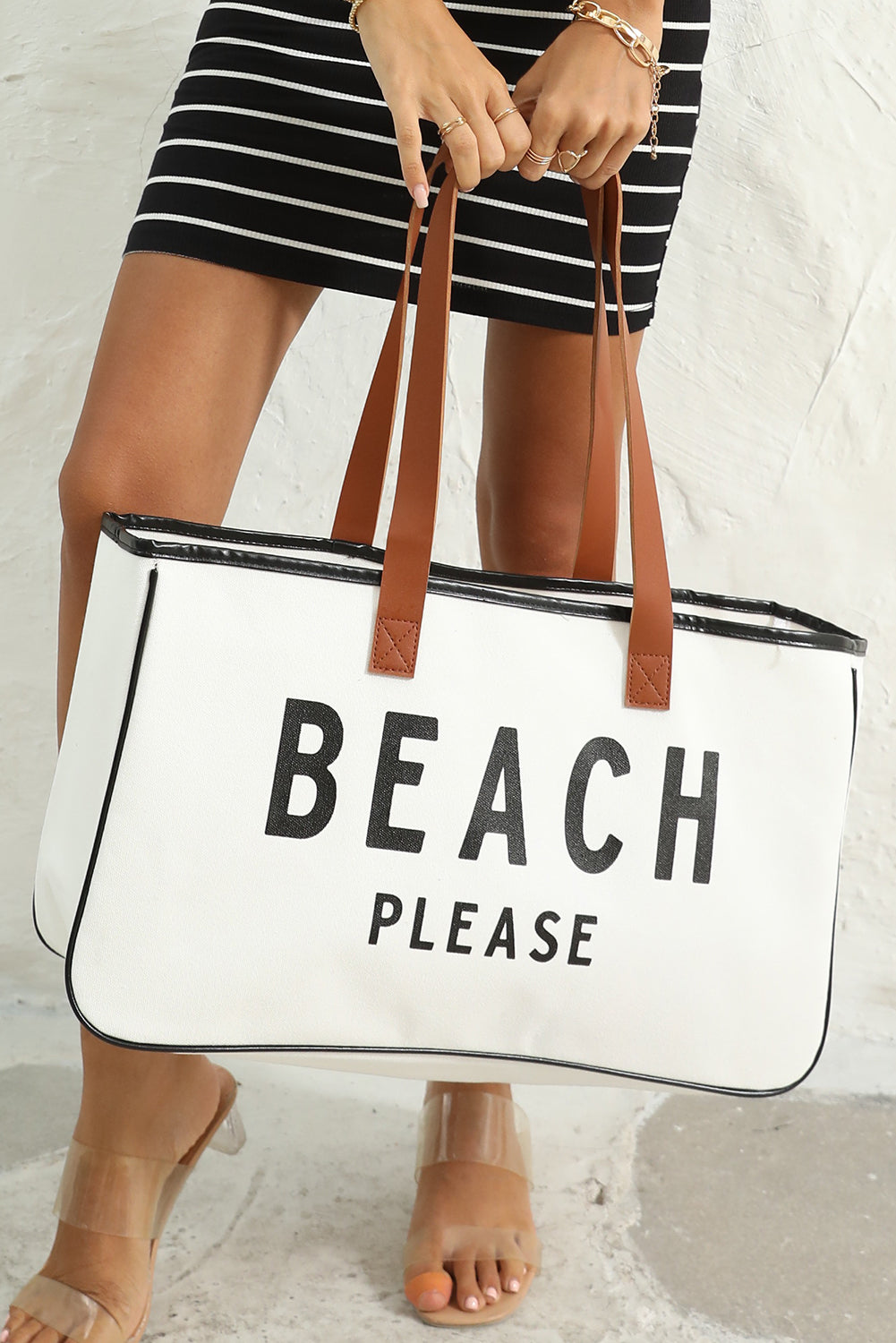 White BEACH PLEASE Large Canvas Tote Bag