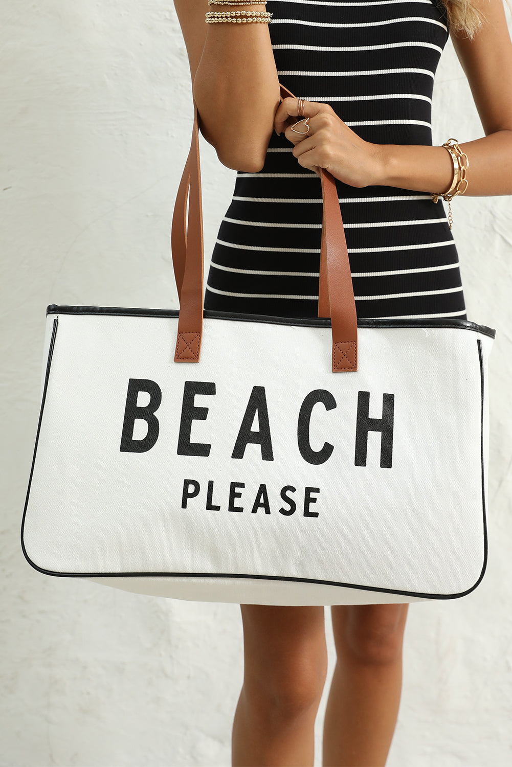 White BEACH PLEASE Large Canvas Tote Bag