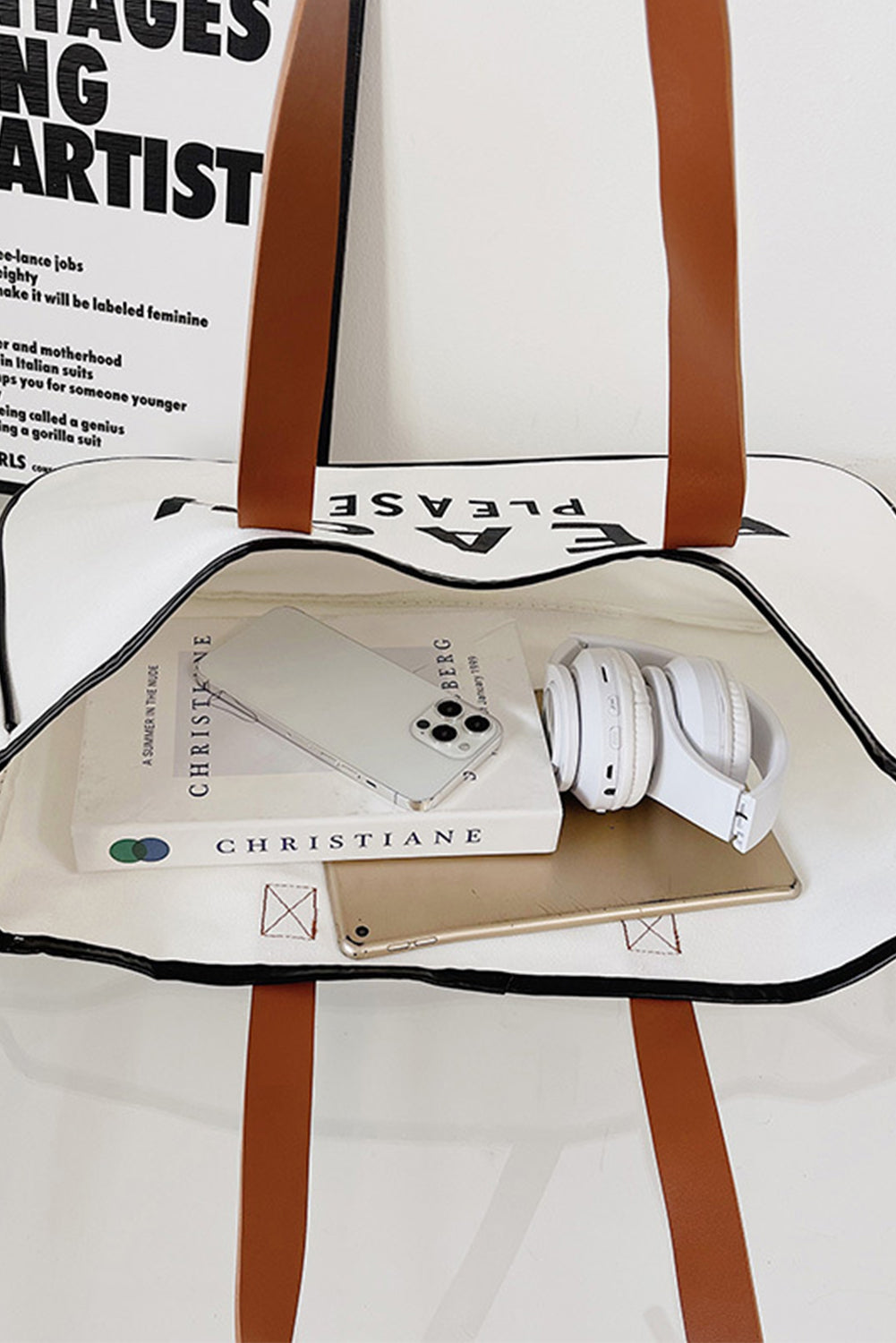White BEACH PLEASE Large Canvas Tote Bag
