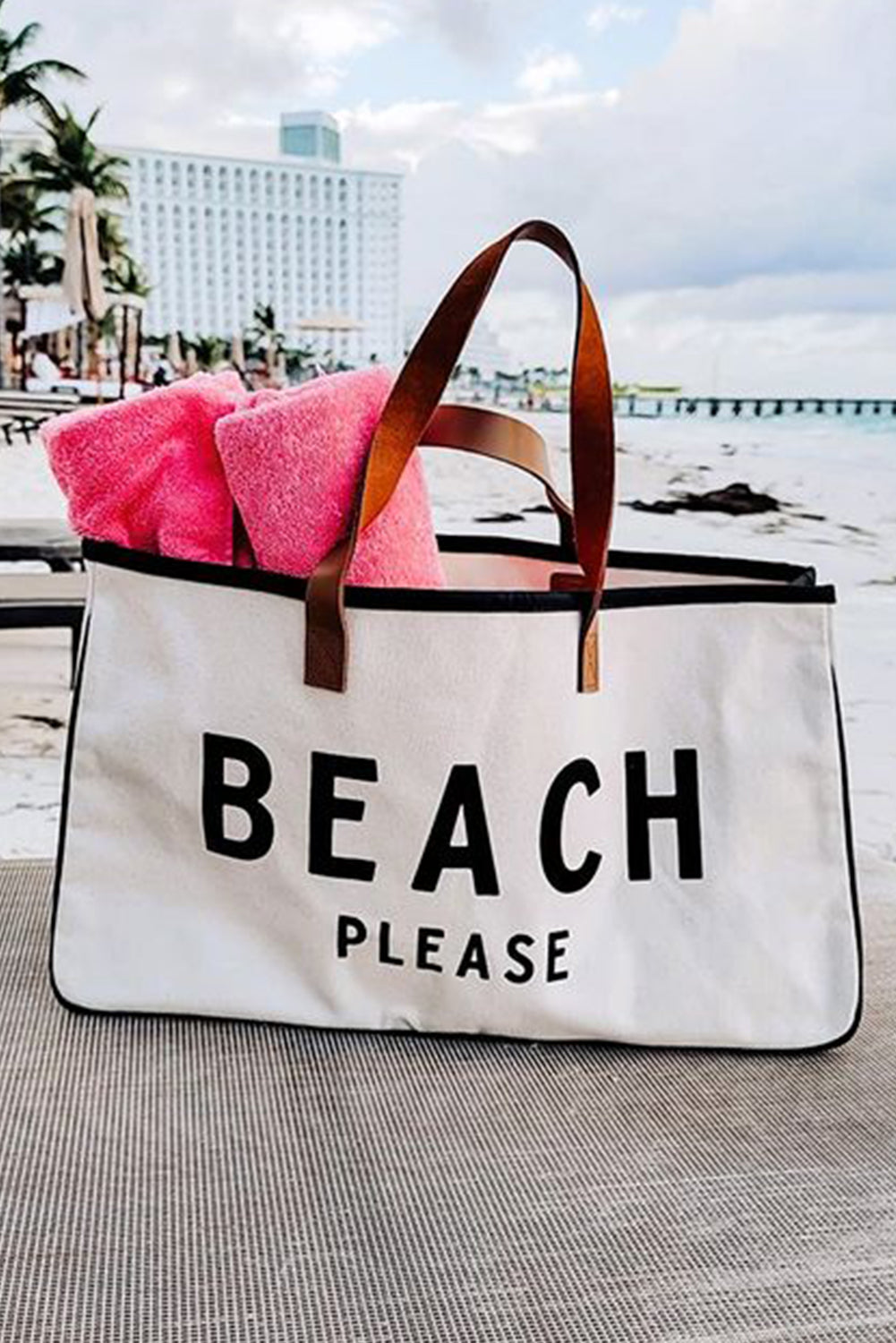 White BEACH PLEASE Large Canvas Tote Bag