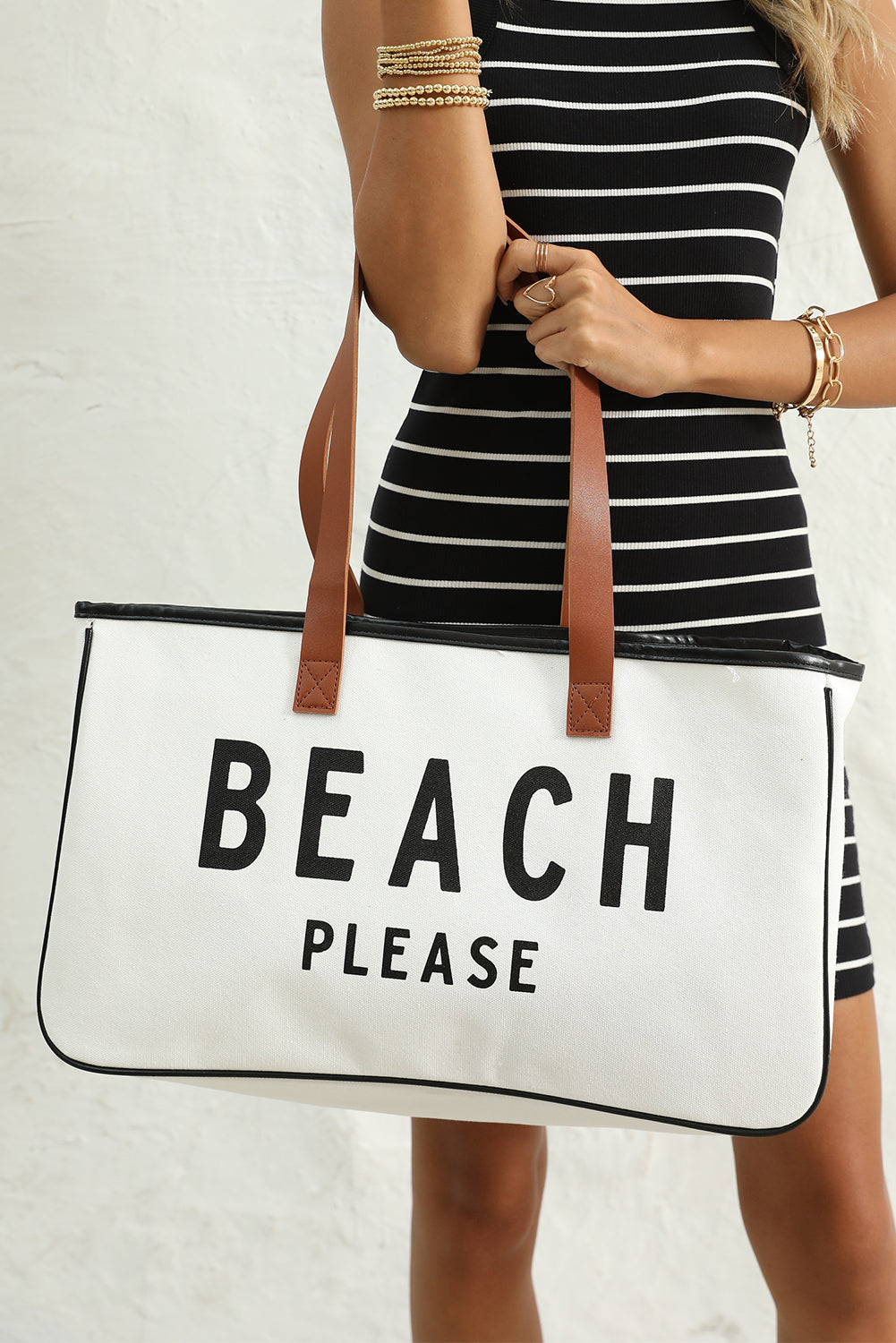 White BEACH PLEASE Large Canvas Tote Bag
