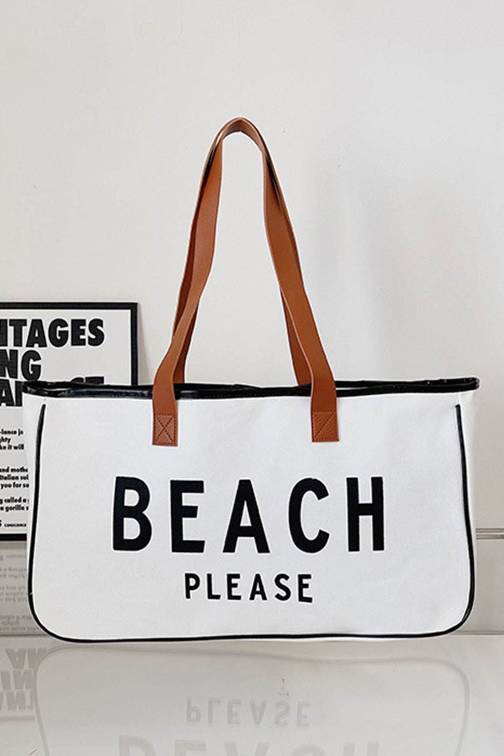 White BEACH PLEASE Large Canvas Tote Bag