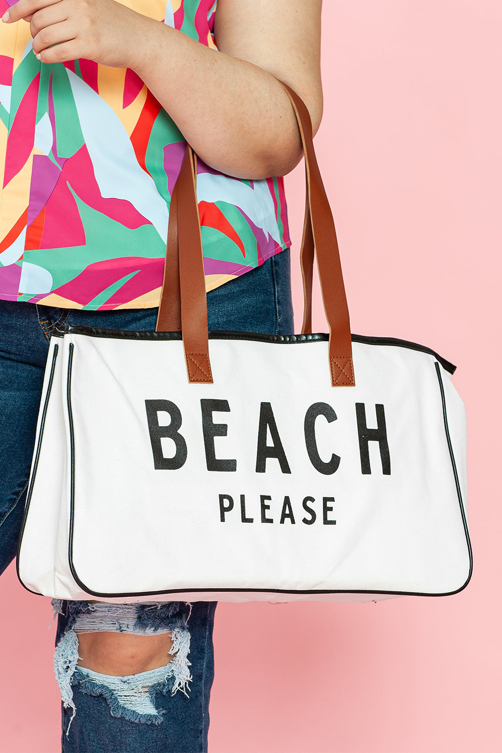 White BEACH PLEASE Large Canvas Tote Bag