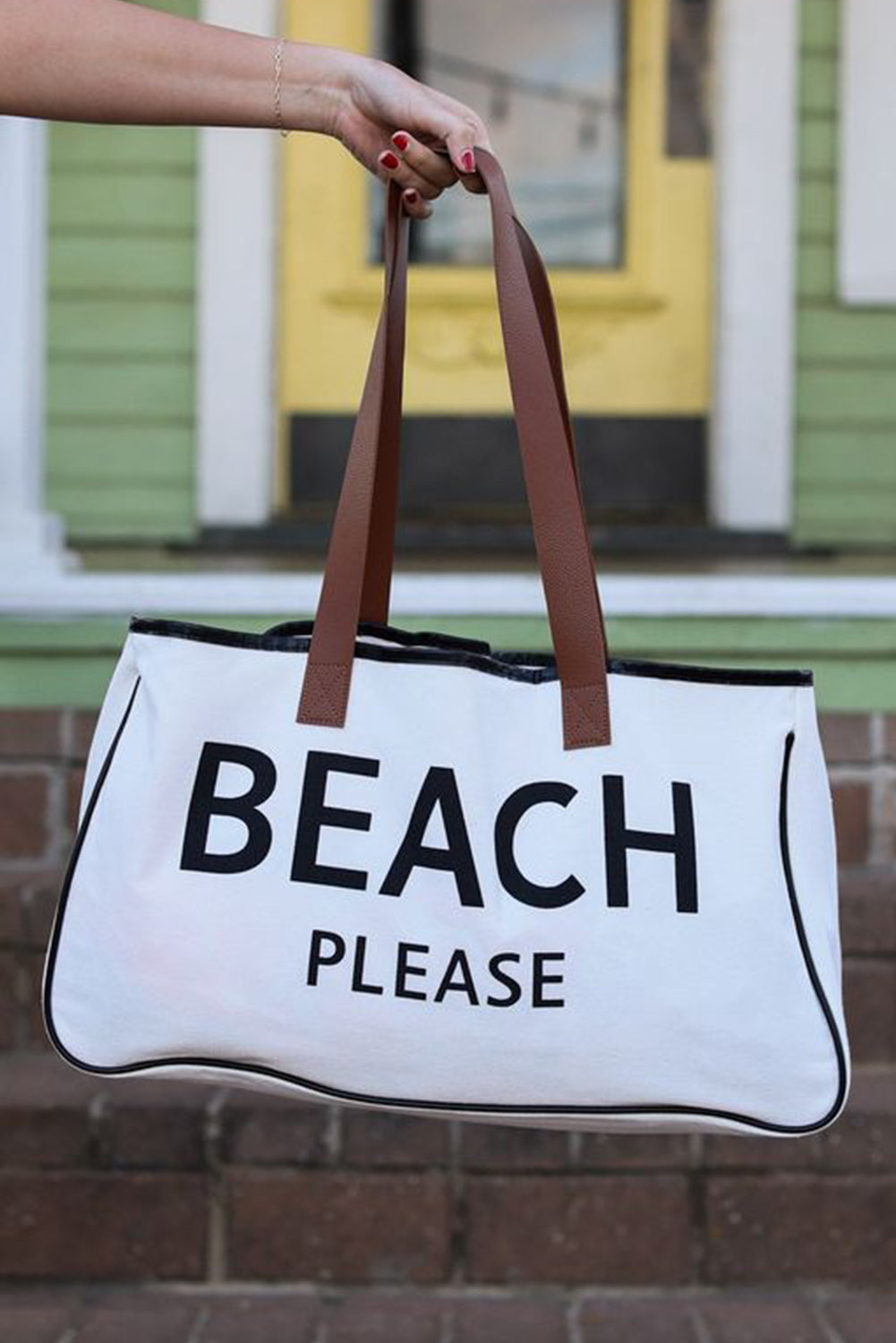 White BEACH PLEASE Large Canvas Tote Bag