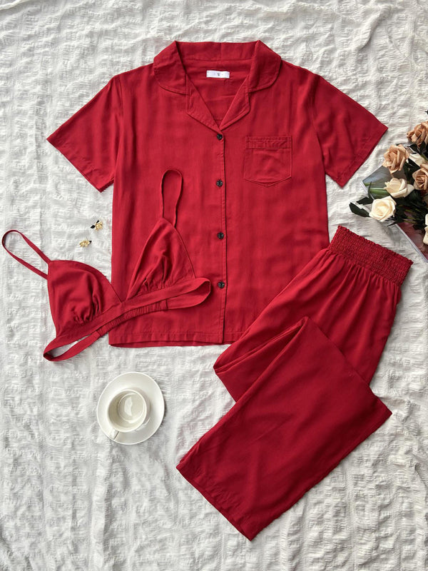 Women's Knitted Pajamas Three-piece Set
