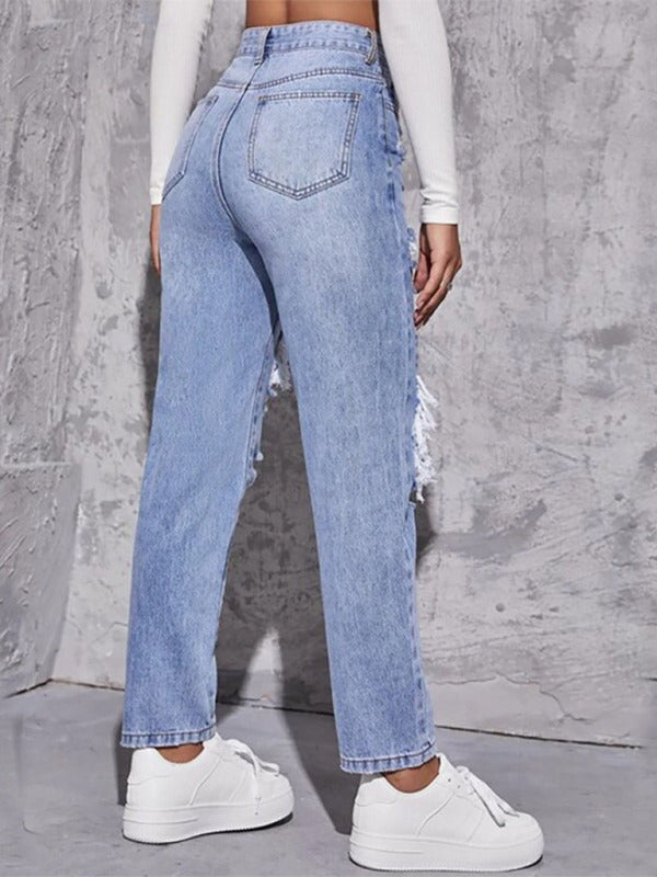 Women's Ripped High Waist Straight Trousers