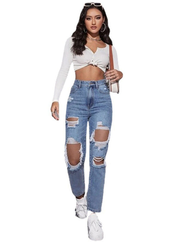 Women's Ripped High Waist Straight Trousers