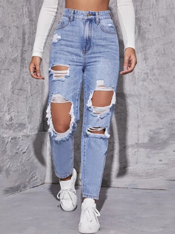 Women's Ripped High Waist Straight Trousers