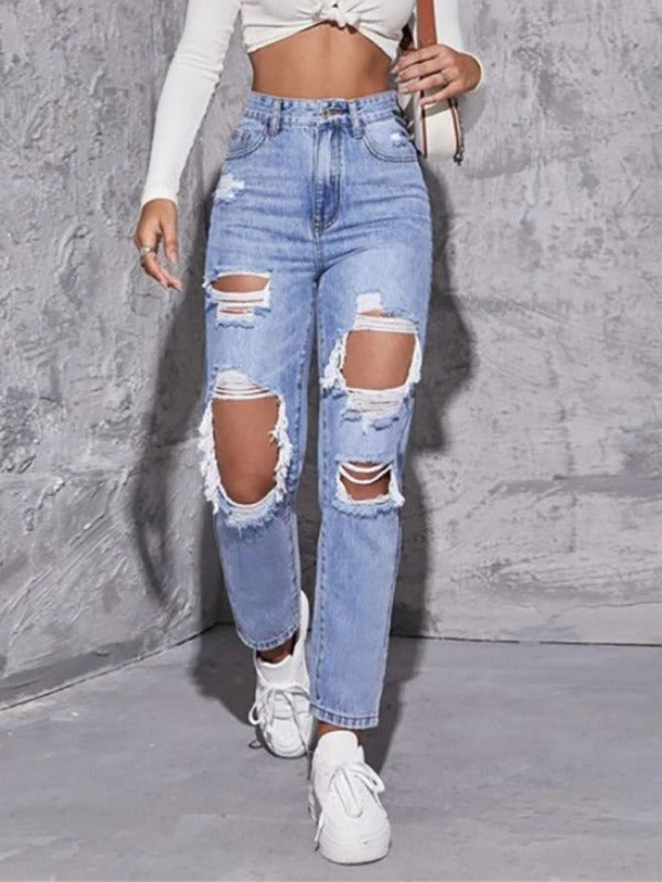 Women's Ripped High Waist Straight Trousers