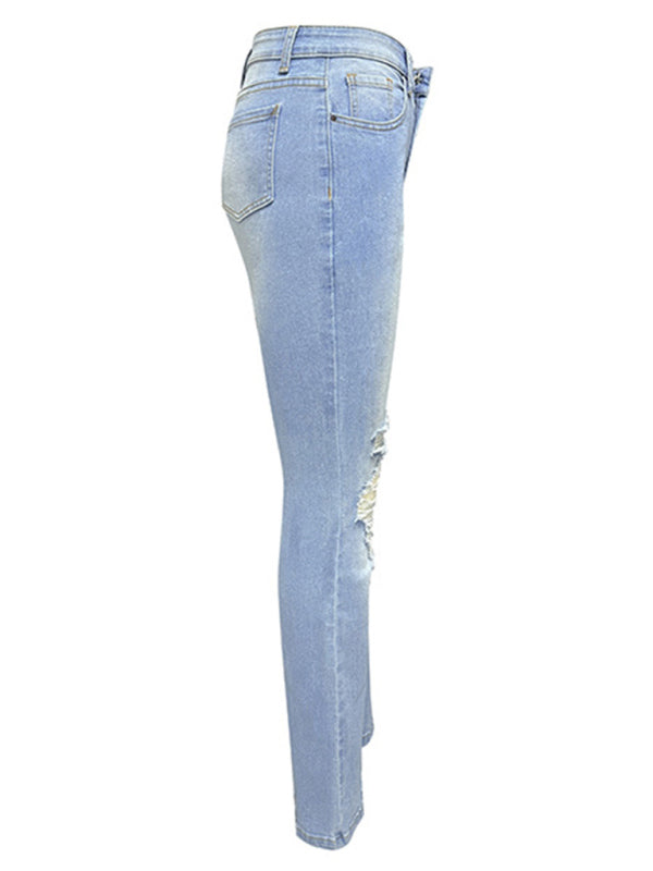 Women's Ripped High-waisted Denim Wide-leg Trousers
