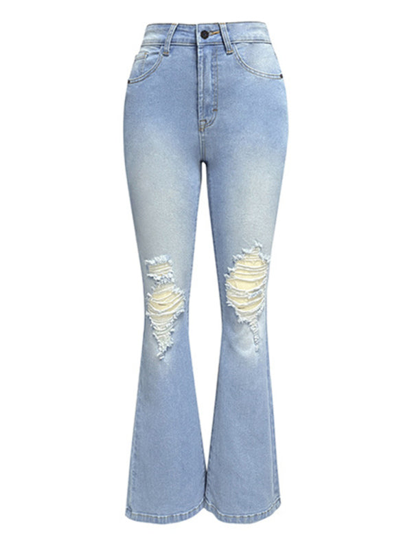 Women's Ripped High-waisted Denim Wide-leg Trousers
